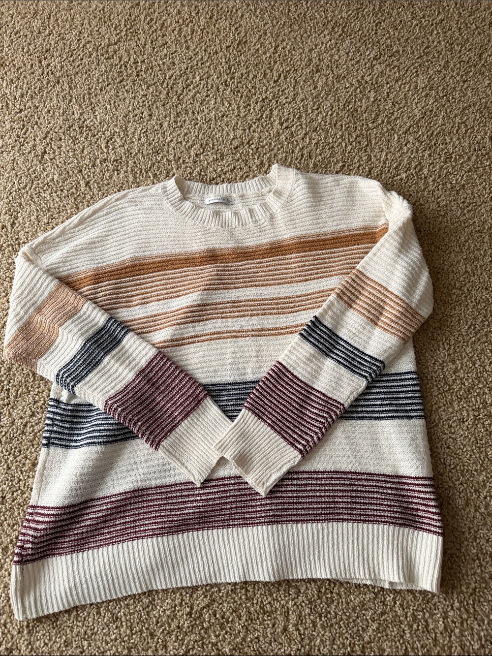 Staccato Cream Crewneck Sweater with Tan, Navy & Burgundy Stripes